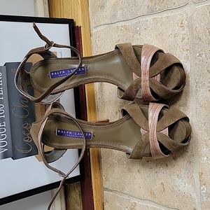 Ralph Lauren Collection Green Brown Suede Leather Stilettos Heels 9B Shoes NWOT